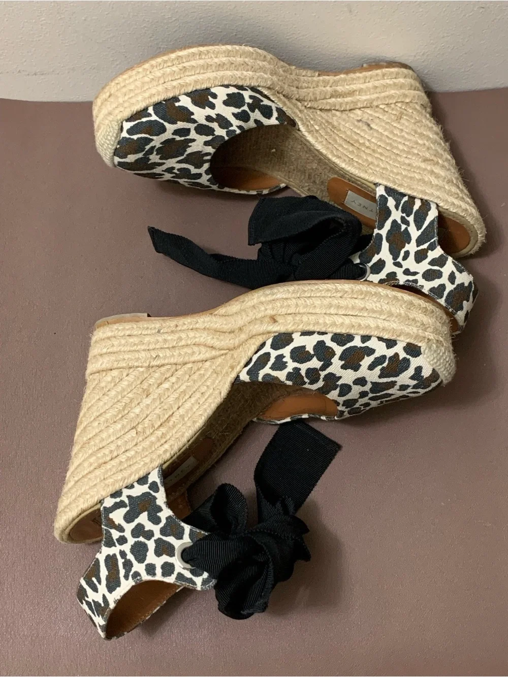 STELLA McCARTNEY Animal Print Canvas Ribbon Ankle Tie Wedge Espadrille Shoe Sz39